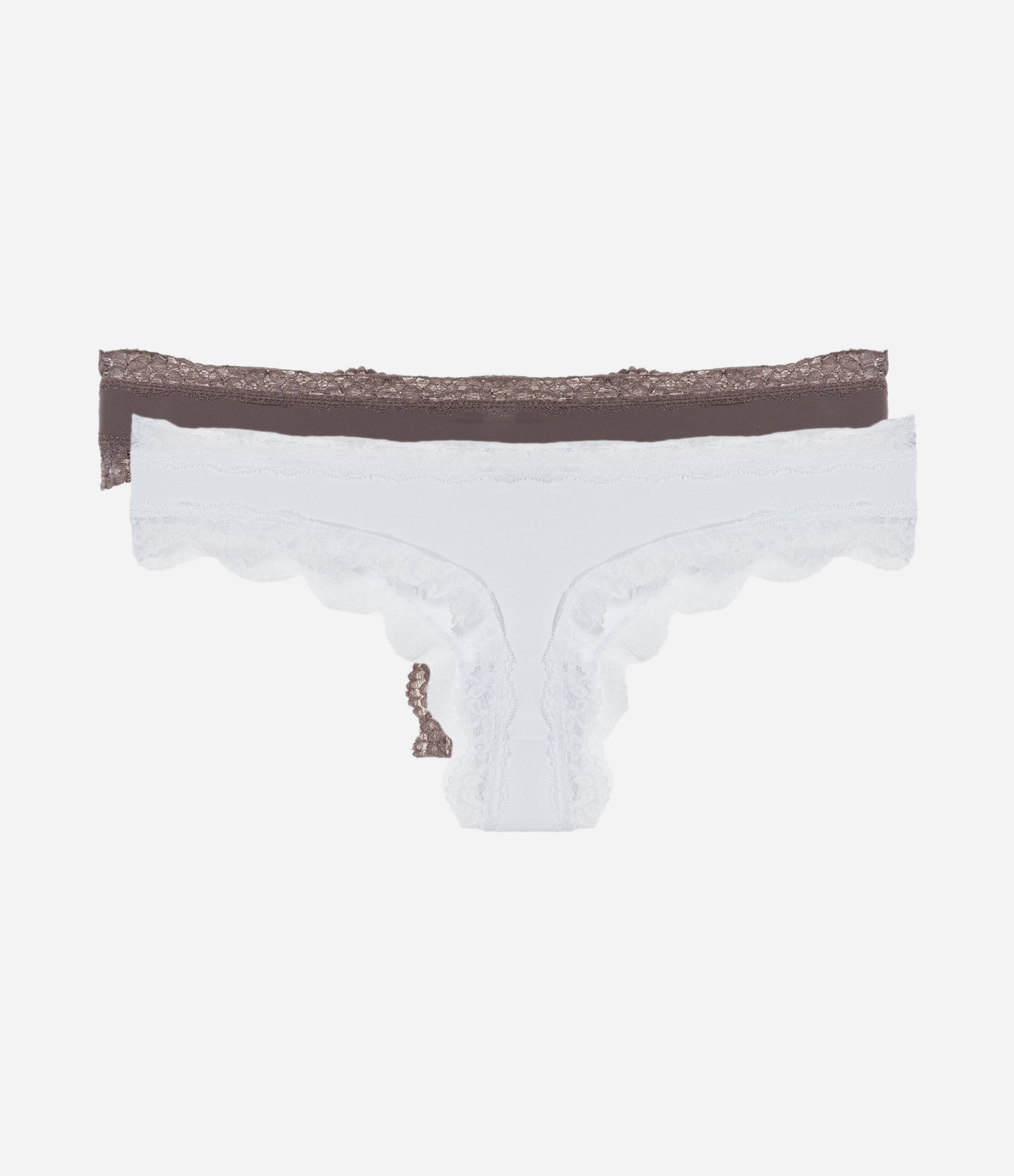 Kit 02 Calcinhas Biquíni Fio em Microfibra com Detalhes em Renda Marrom/Branco 2