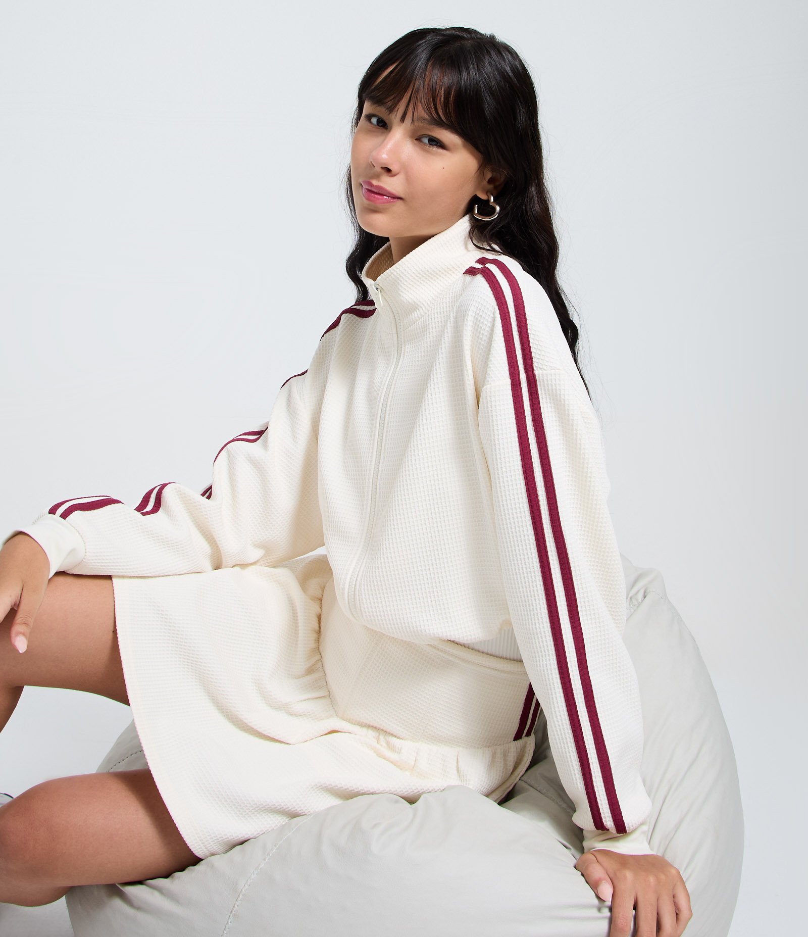 Jaqueta Boxy em Malha Waffle com Listras Laterais Off White 1