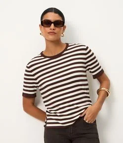 Blusa Manga Curta em Tricô com Estampa Listrada
