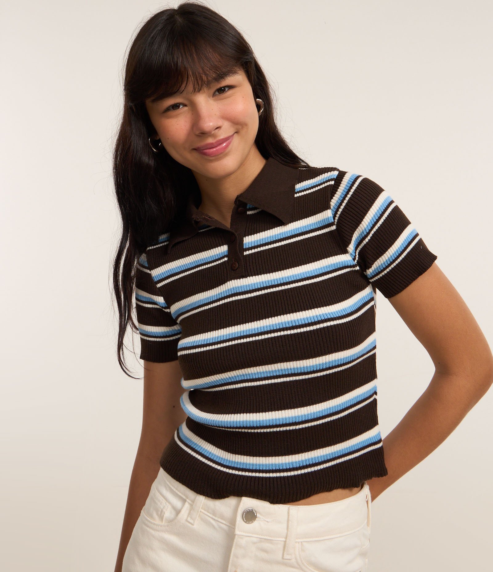 Blusa em Tricô com Gola Polo e Listras Variadas Preto/Azul/Branco 7