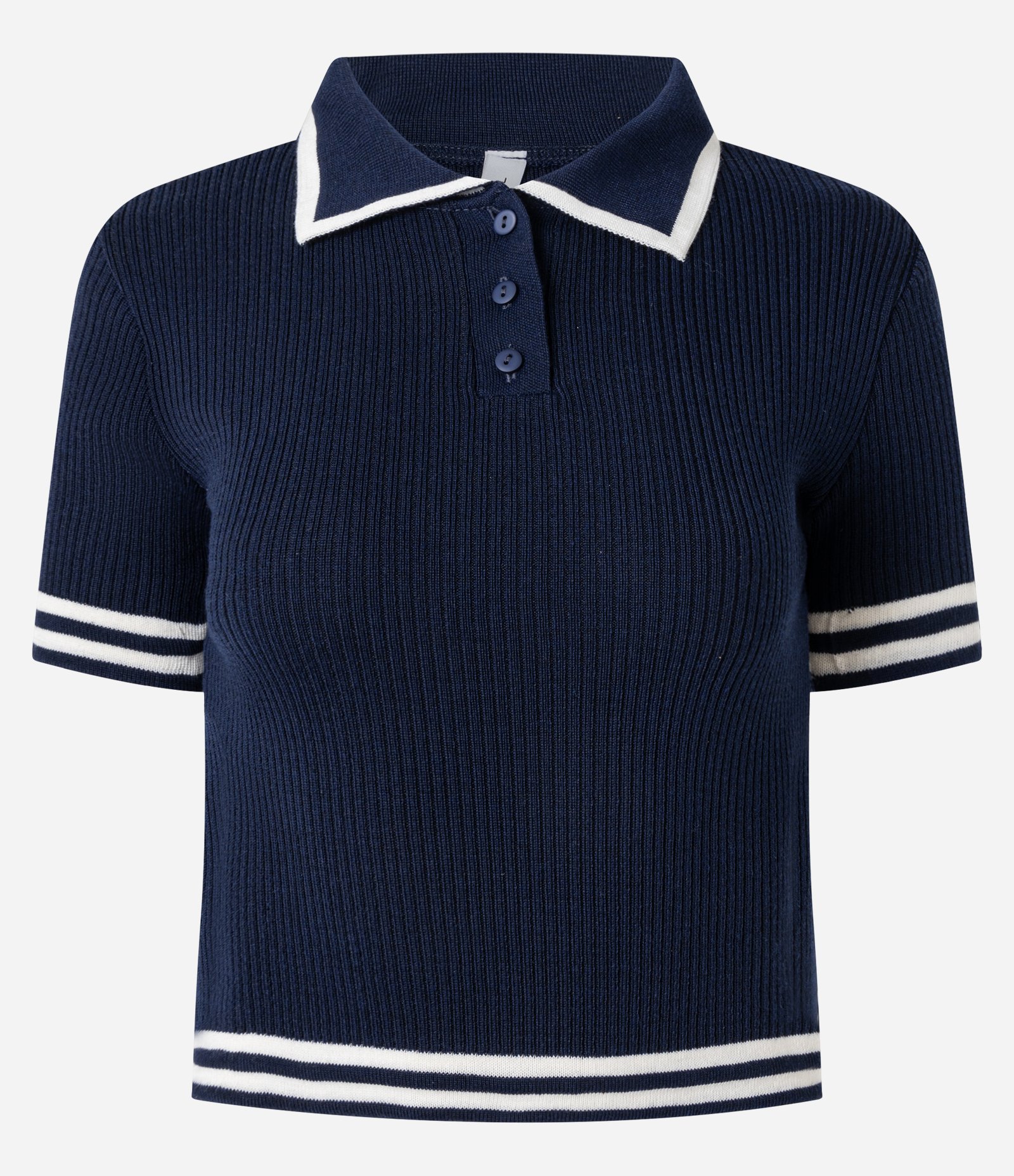Blusa Polo em Tricô com Listras Contrastantes Azul Marinho 6