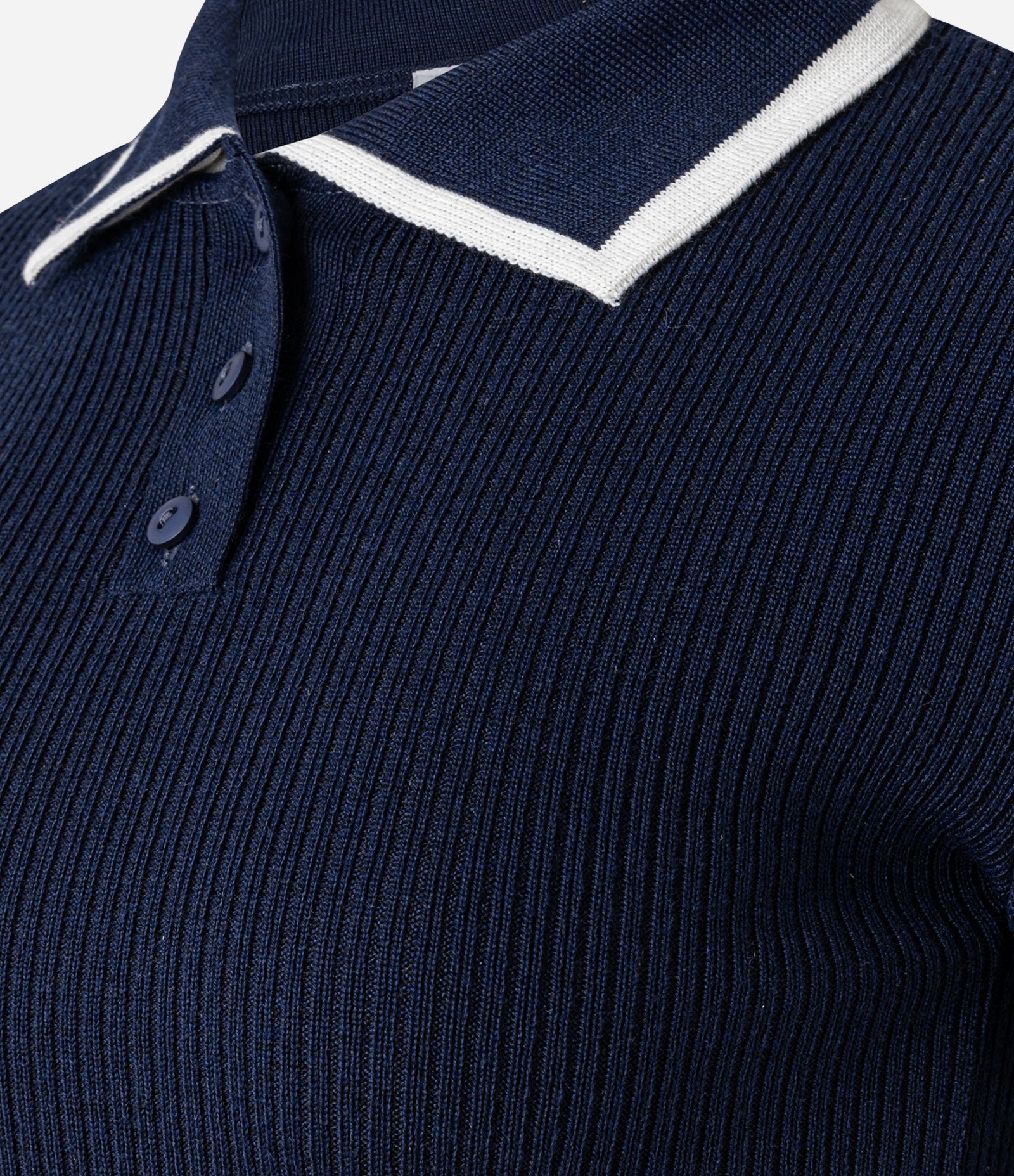 Blusa Polo em Tricô com Listras Contrastantes Azul Marinho 8