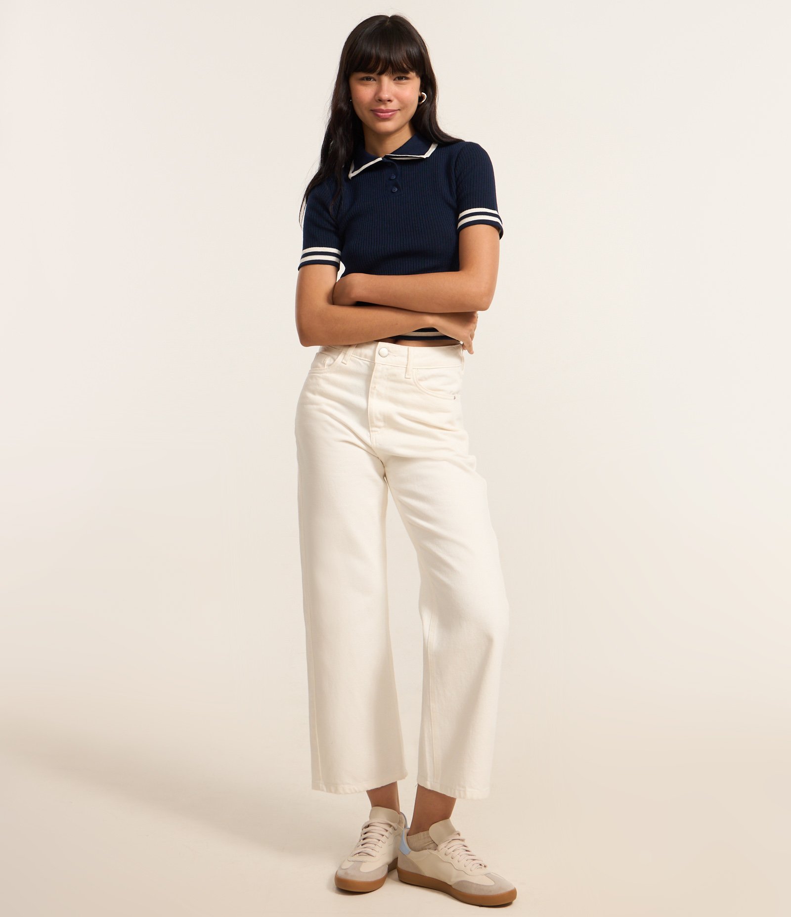 Blusa Polo em Tricô com Listras Contrastantes Azul Marinho 2