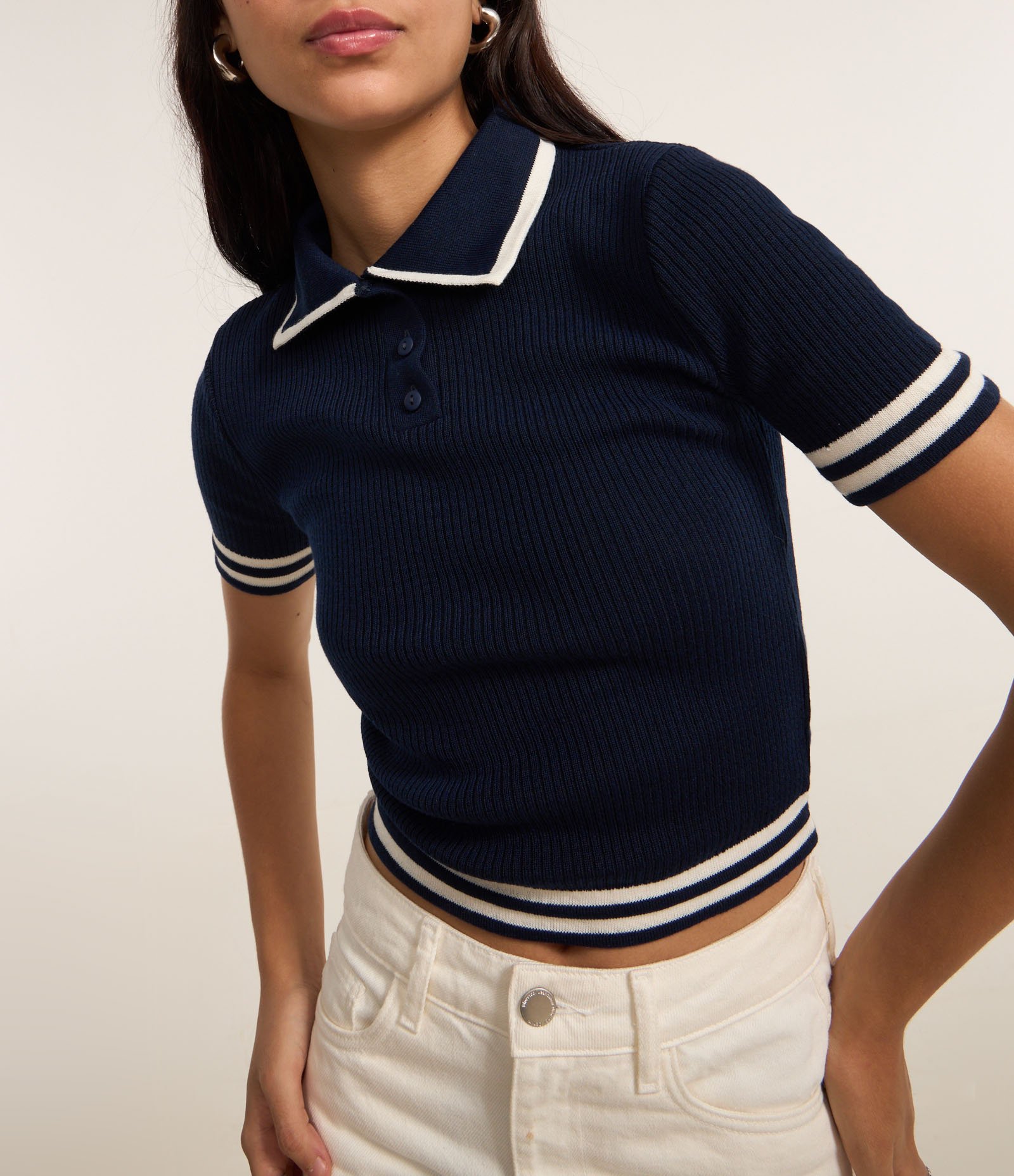 Blusa Polo em Tricô com Listras Contrastantes Azul Marinho 3