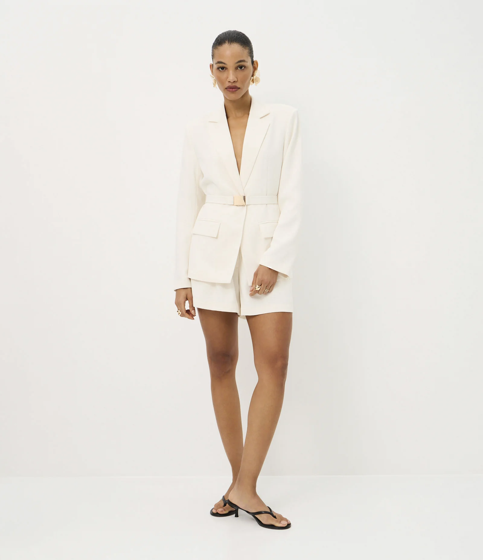 Blazer em Crepe com Lapelas e Cinto Afivelado Off White 2