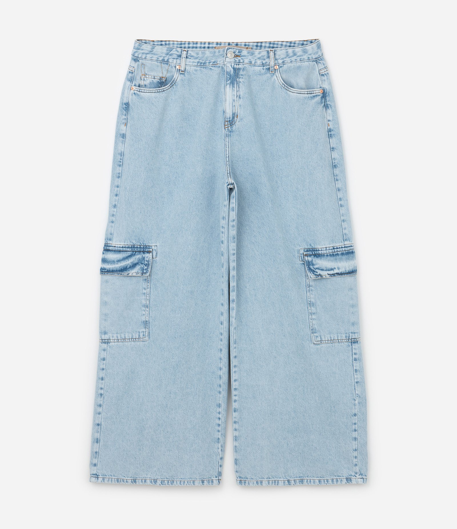 Calça Wide Leg em Jeans com Bolso Cargo Curve & Plus Size Azul 6