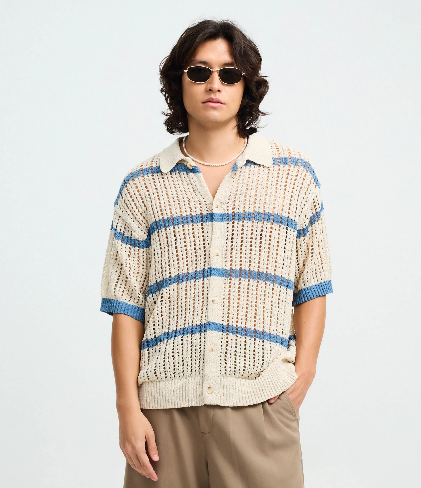 Camisa Boxy em Efeito Tricô com Listras Contrastantes Bege 1