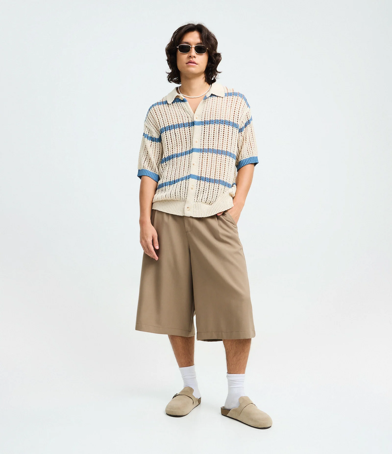 Camisa Boxy em Efeito Tricô com Listras Contrastantes Bege 2