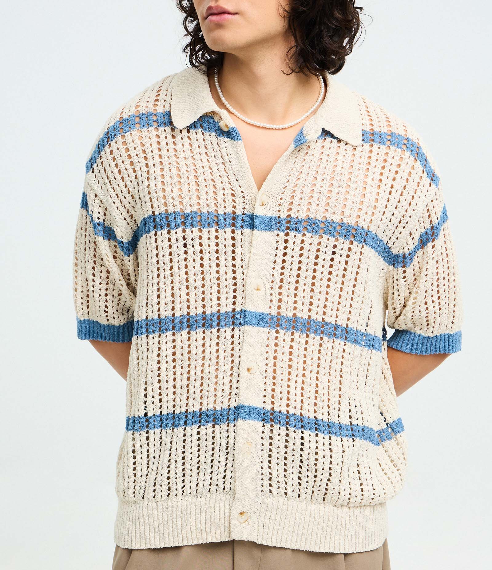 Camisa Boxy em Efeito Tricô com Listras Contrastantes Bege 3