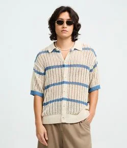 Camisa Boxy em Efeito Tricô com Listras Contrastantes