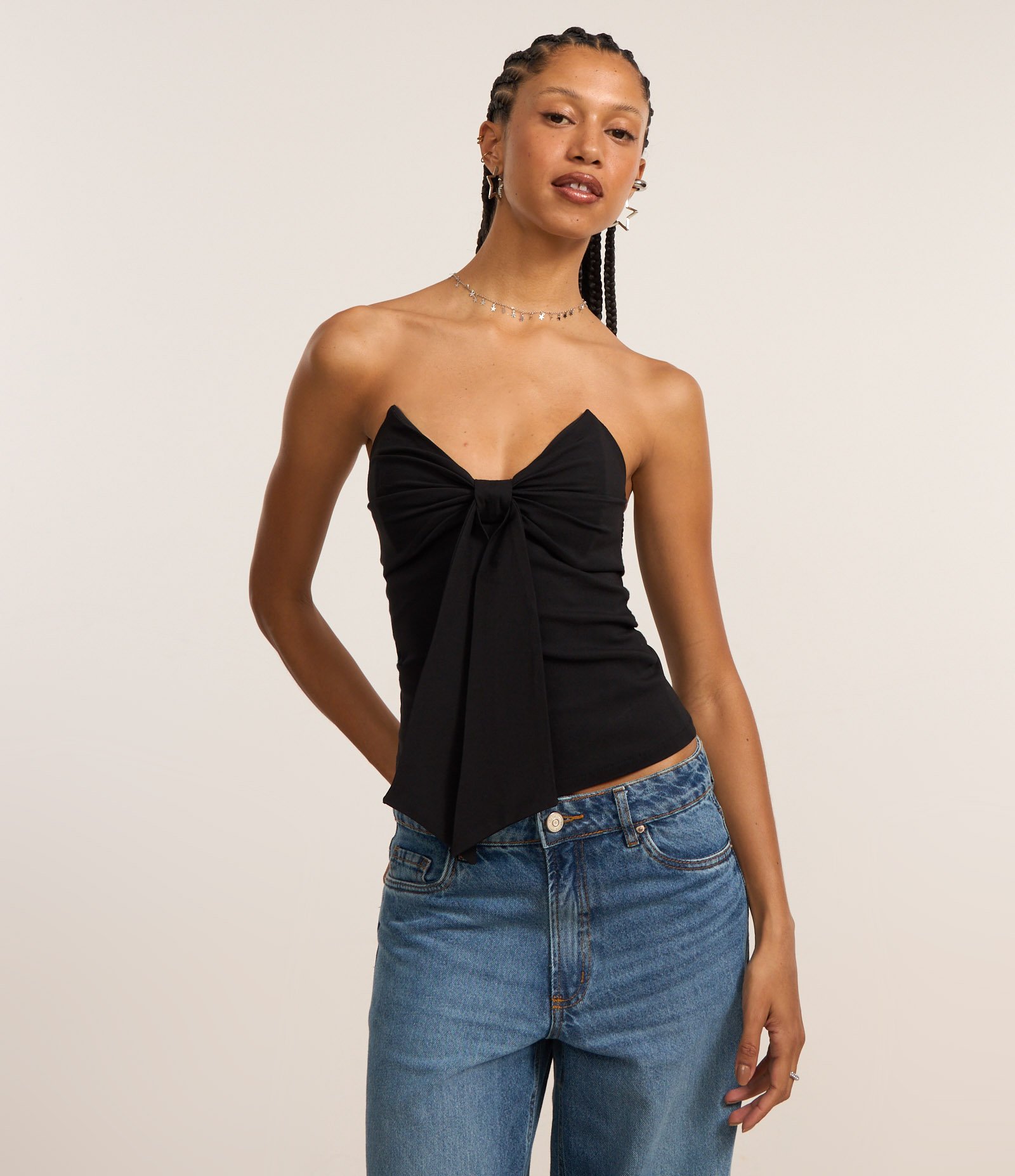 Blusa Sem Alça em Bengaline com Laço Preto 2