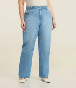 Calça Reta em Jeans com Strass e Pérolas Aplicadas Curve & Plus Size