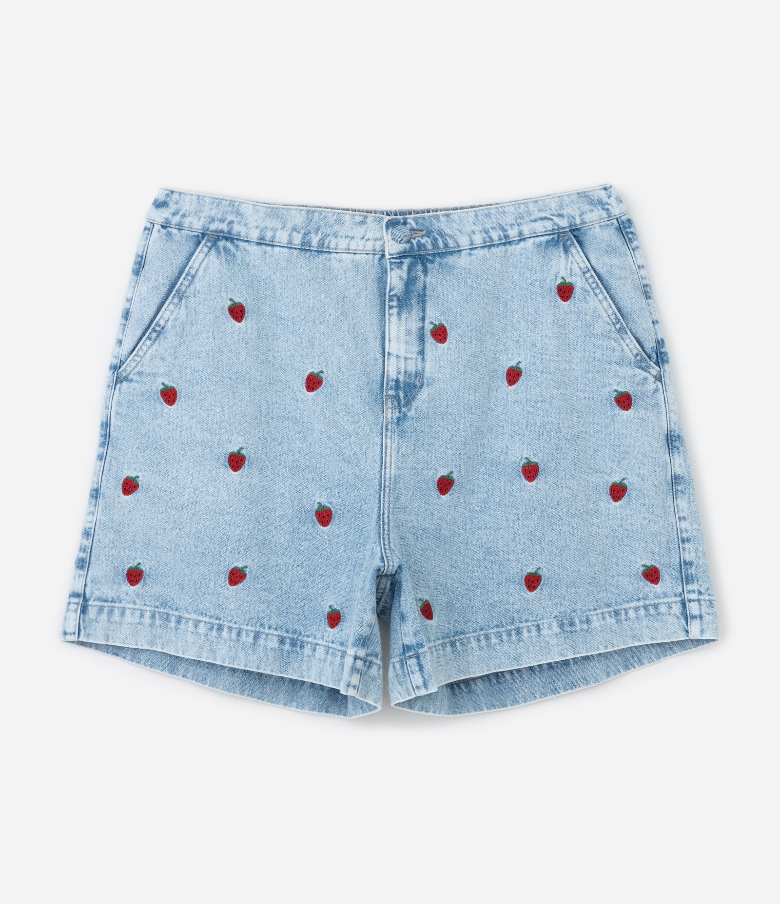 Short Alfaiataria em Jeans com Bordados de Moranguinhos Curve & Plus Size Azul 1