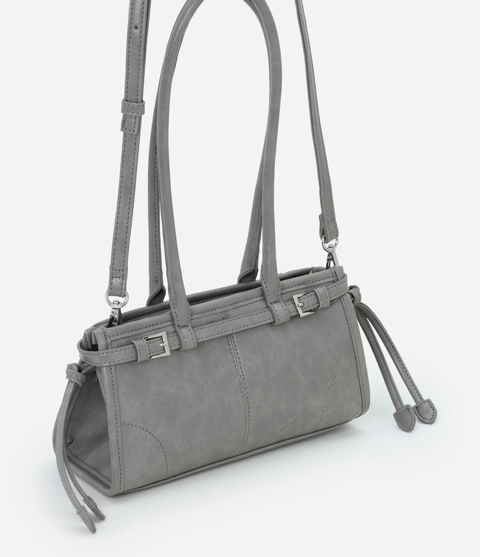Bolsa Satchel Pequena com Detalhe Cintado e Alça Longa Cinza