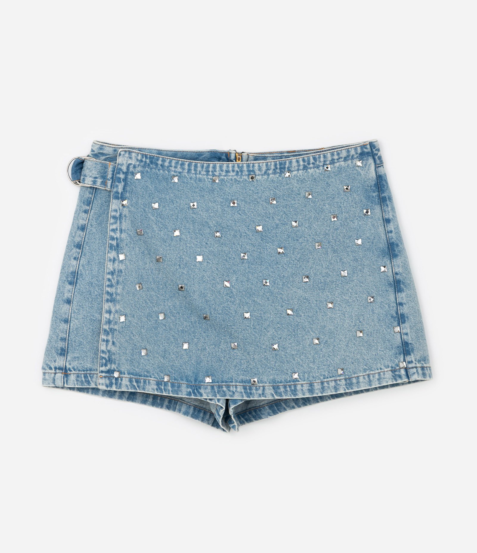 Short Saia em Jeans com Brilhos Frontais Curve & Plus Size Azul 5