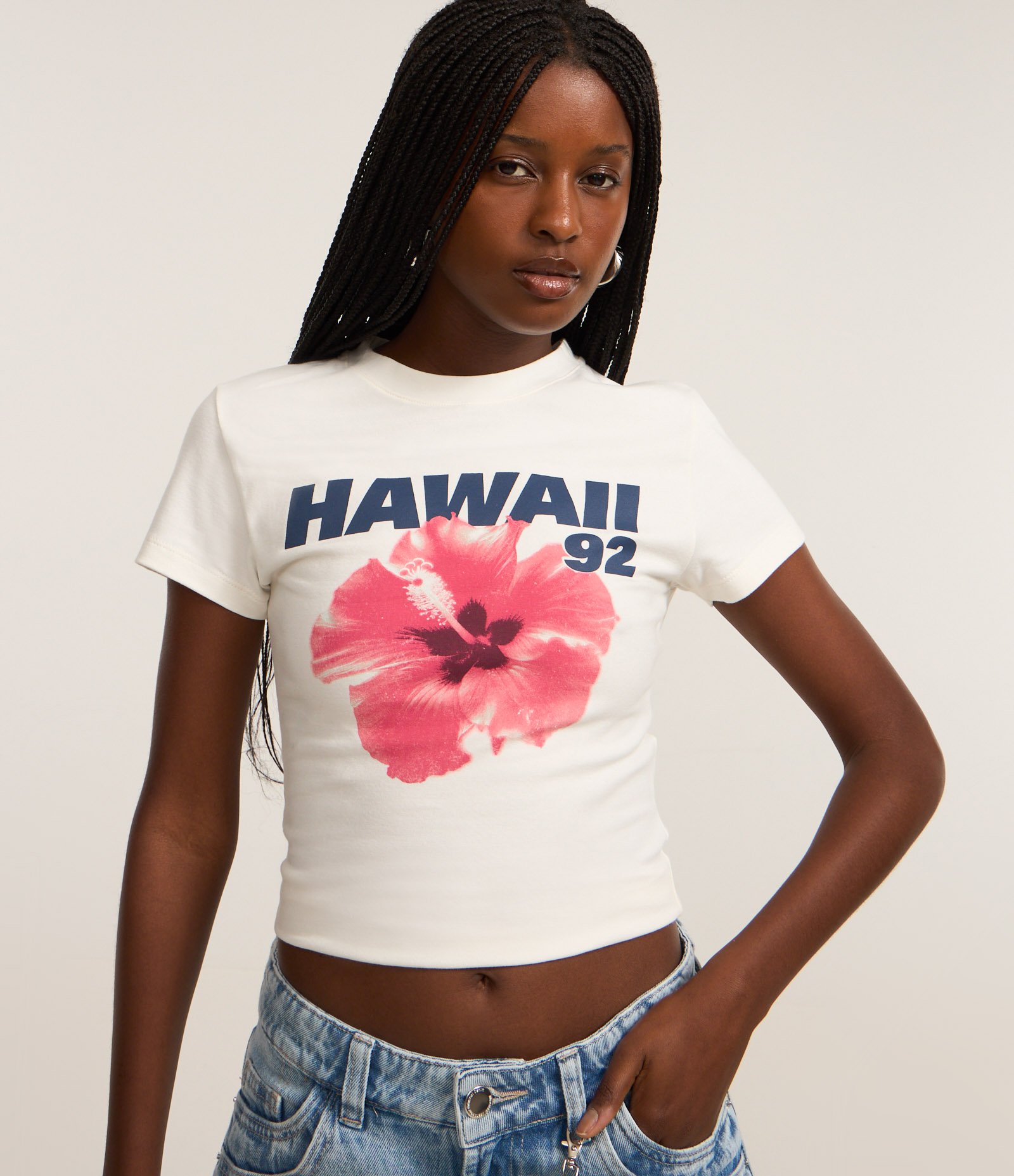 Camiseta New T-Shirt em Algodão com Estampa Hibisco Hawaii Branco 1