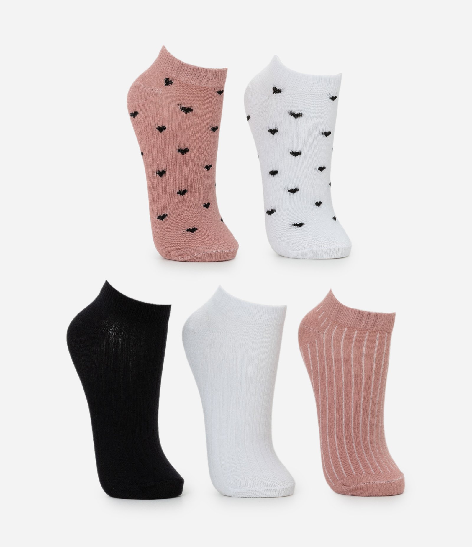 Kit 05 Meias Cano Baixo em Algodão com Estampas Diversas Branco/Rosa/Preto 2
