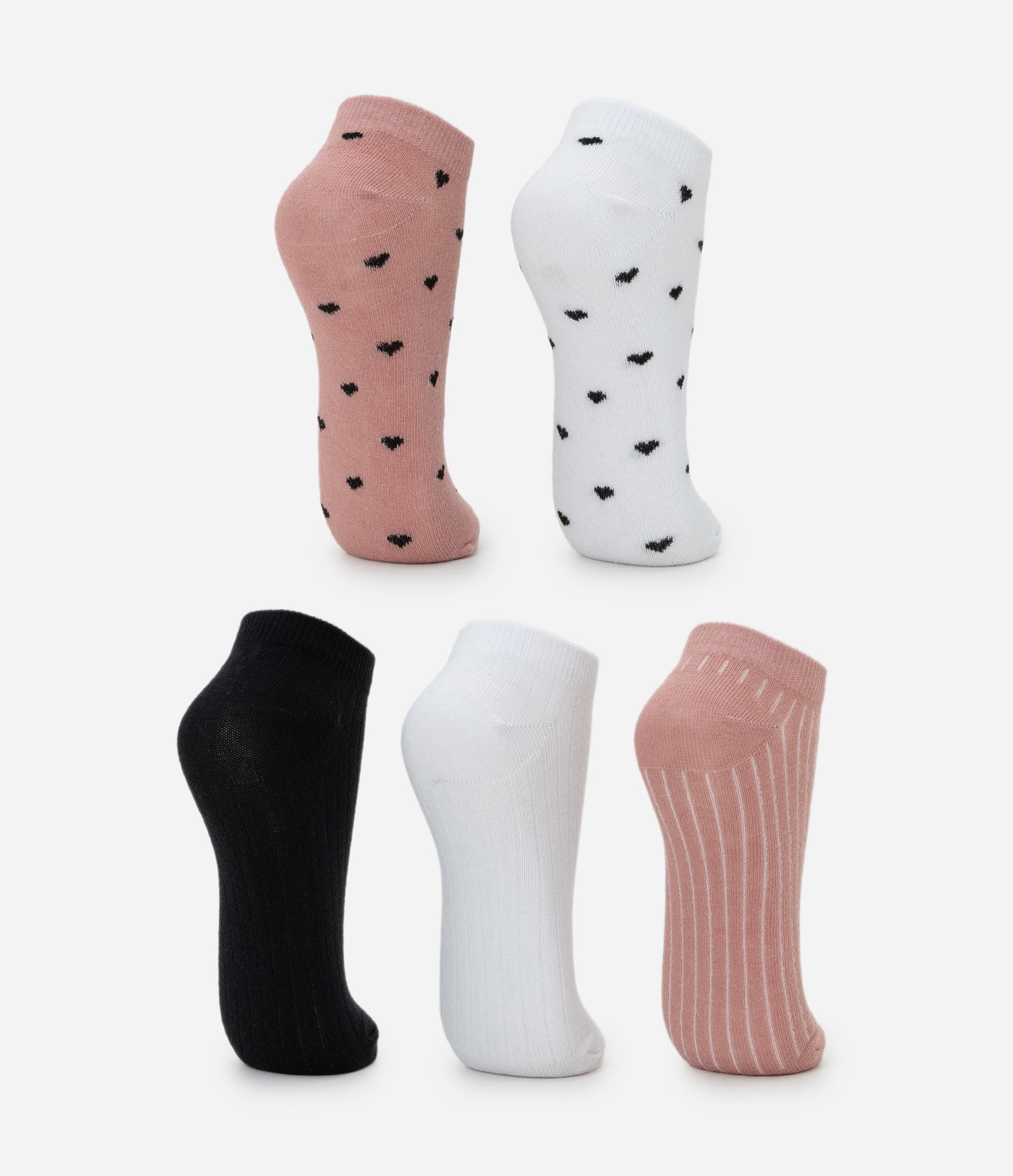 Kit 05 Meias Cano Baixo em Algodão com Estampas Diversas Branco/Rosa/Preto 3