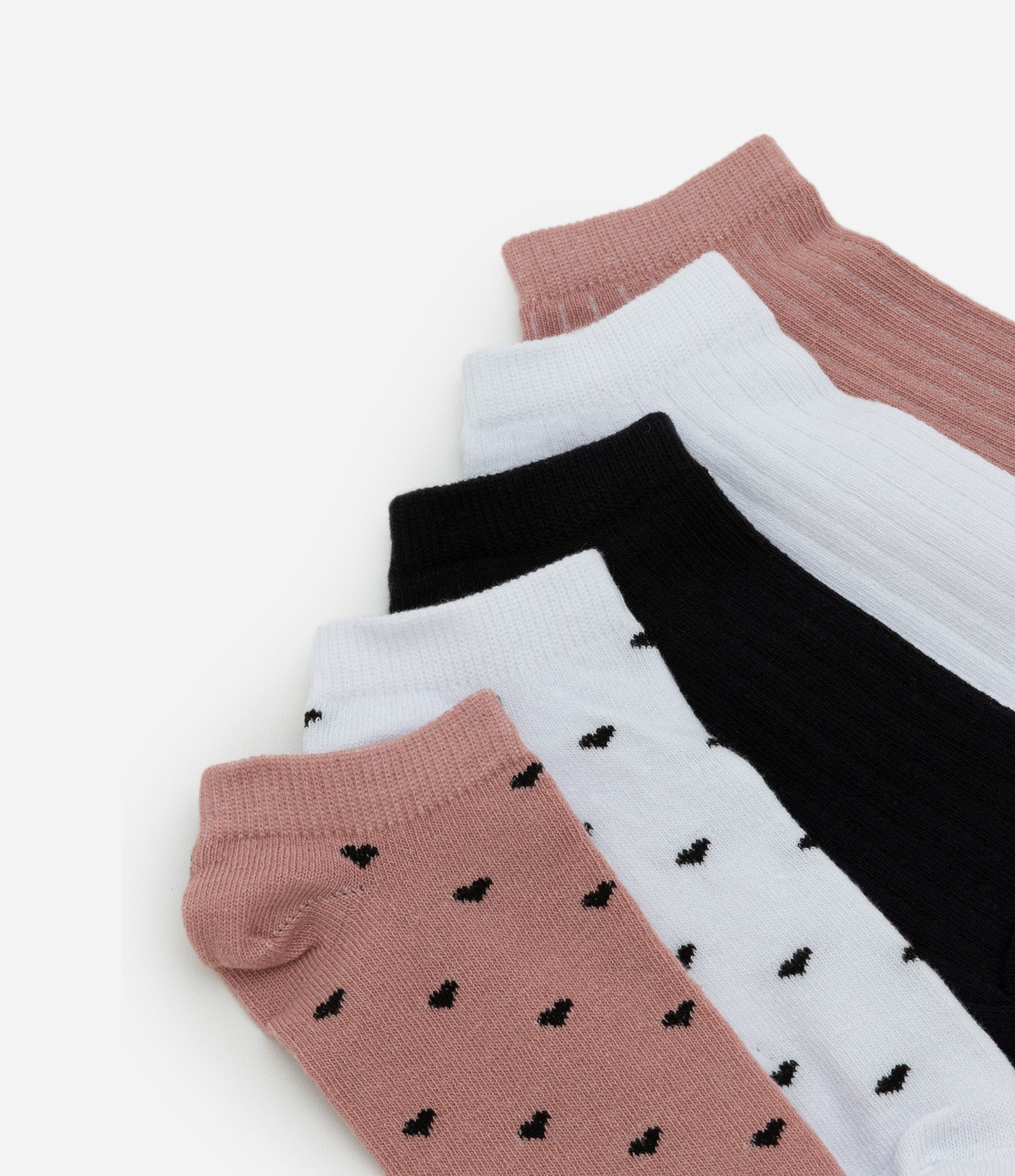 Kit 05 Meias Cano Baixo em Algodão com Estampas Diversas Branco/Rosa/Preto 4