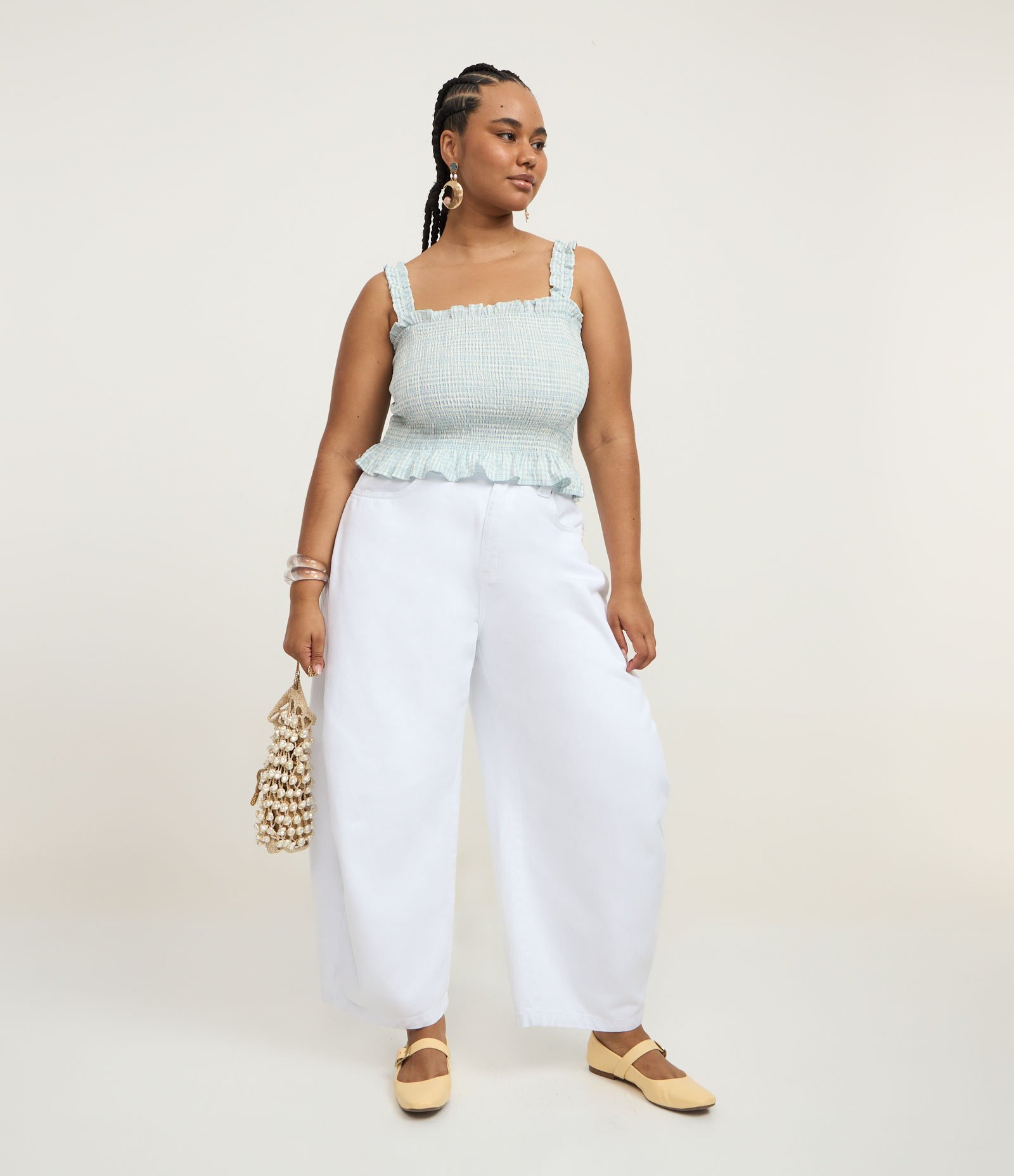Calça Barrel em Sarja com Pences Curve & Plus Size Branco 1