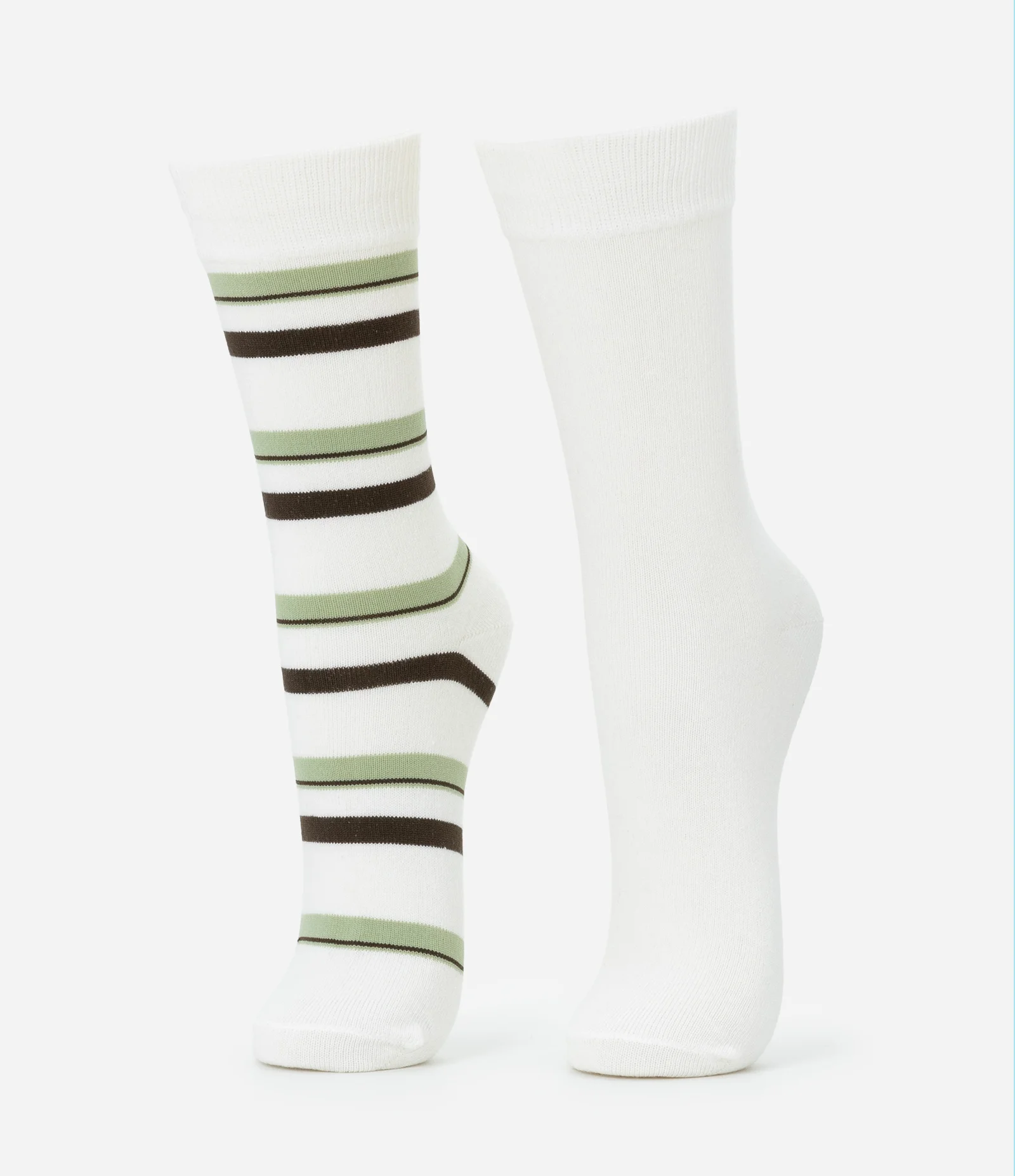 Kit 02 Meias Cano Alto em Algodão Lisa e Listrada Off White 1