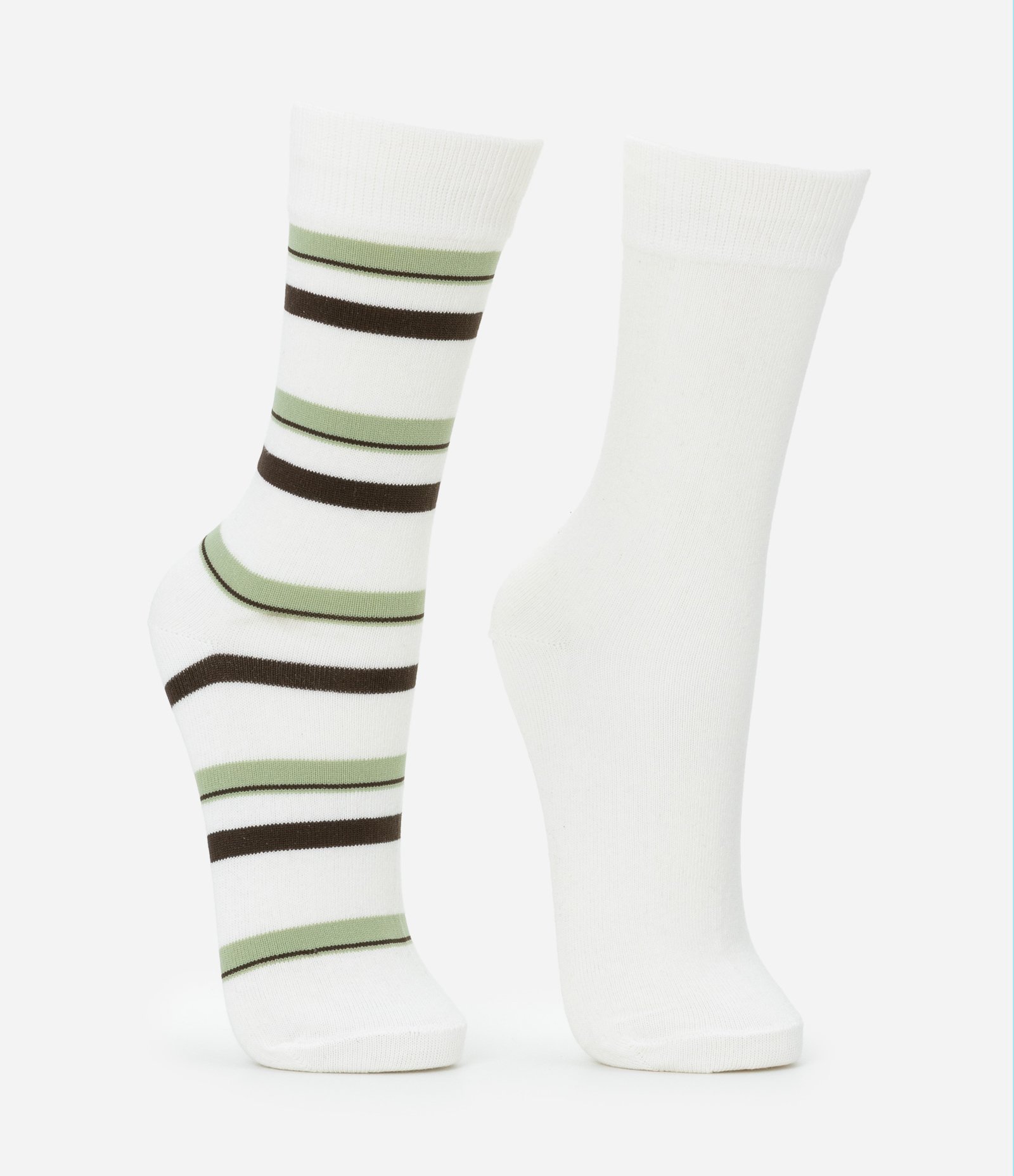 Kit 02 Meias Cano Alto em Algodão Lisa e Listrada Off White 2