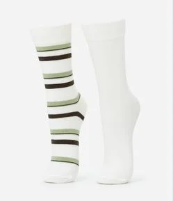 Kit 02 Meias Cano Alto em Algodão Lisa e Listrada