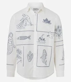 Camisa Comfort em Linho com Patchwork Fundo do Mar Bordado