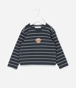 Camiseta Infantil em Jacquard Listrado com Bordado de Ursa – Tam 1 a 5/6 Anos