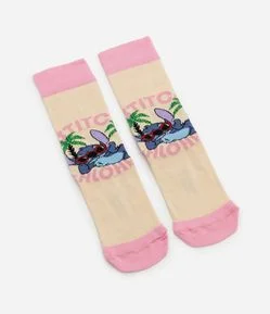 Meia Cano Alto em Algodão com Estampa Stitch Praiano Aloha