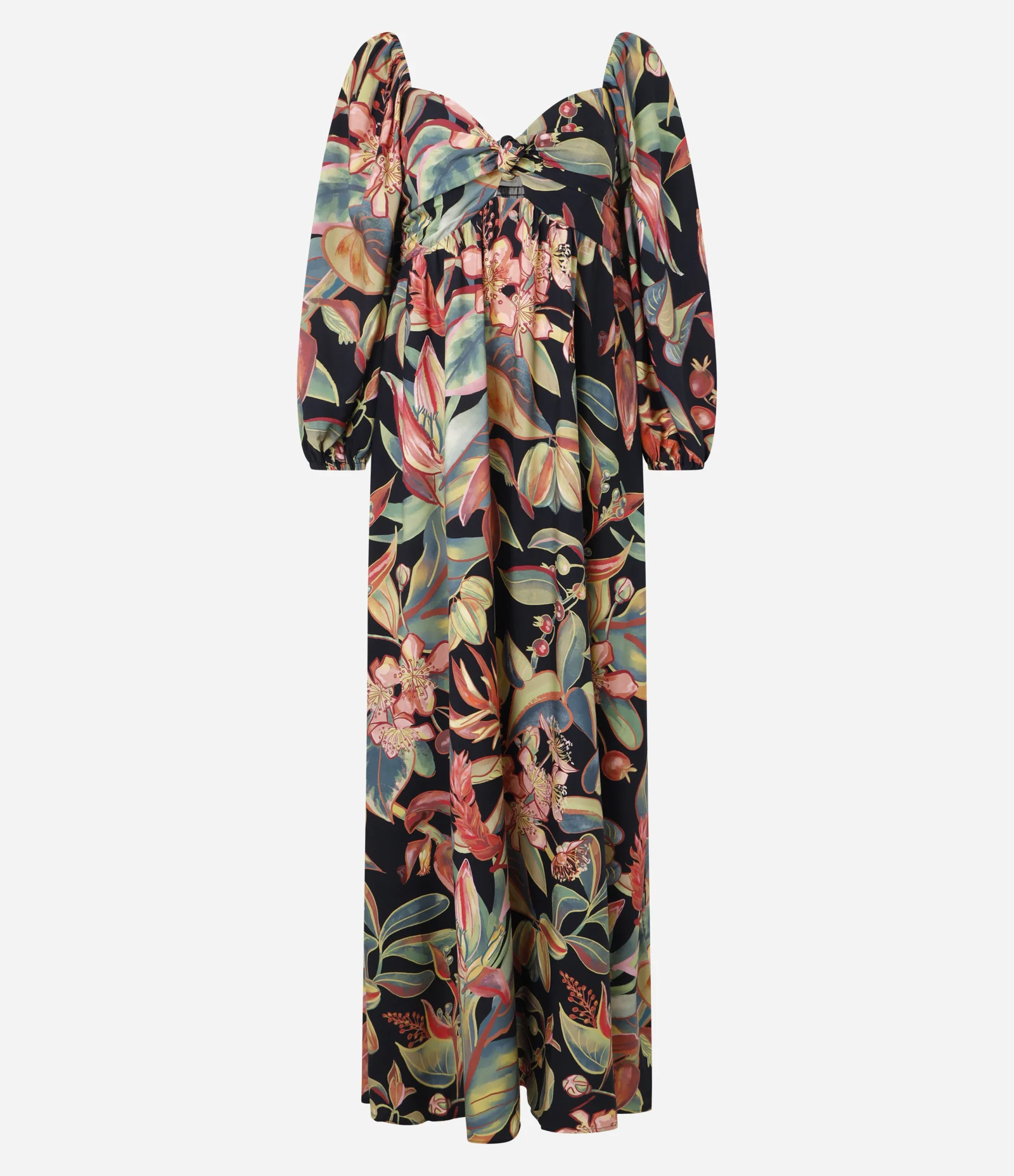 Vestido Midi em Viscose com Estampa de Folhagem Preto 1