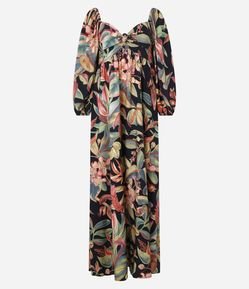 Vestido Midi em Viscose com Estampa de Folhagem