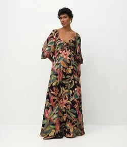Vestido Midi em Viscose com Estampa de Folhagem