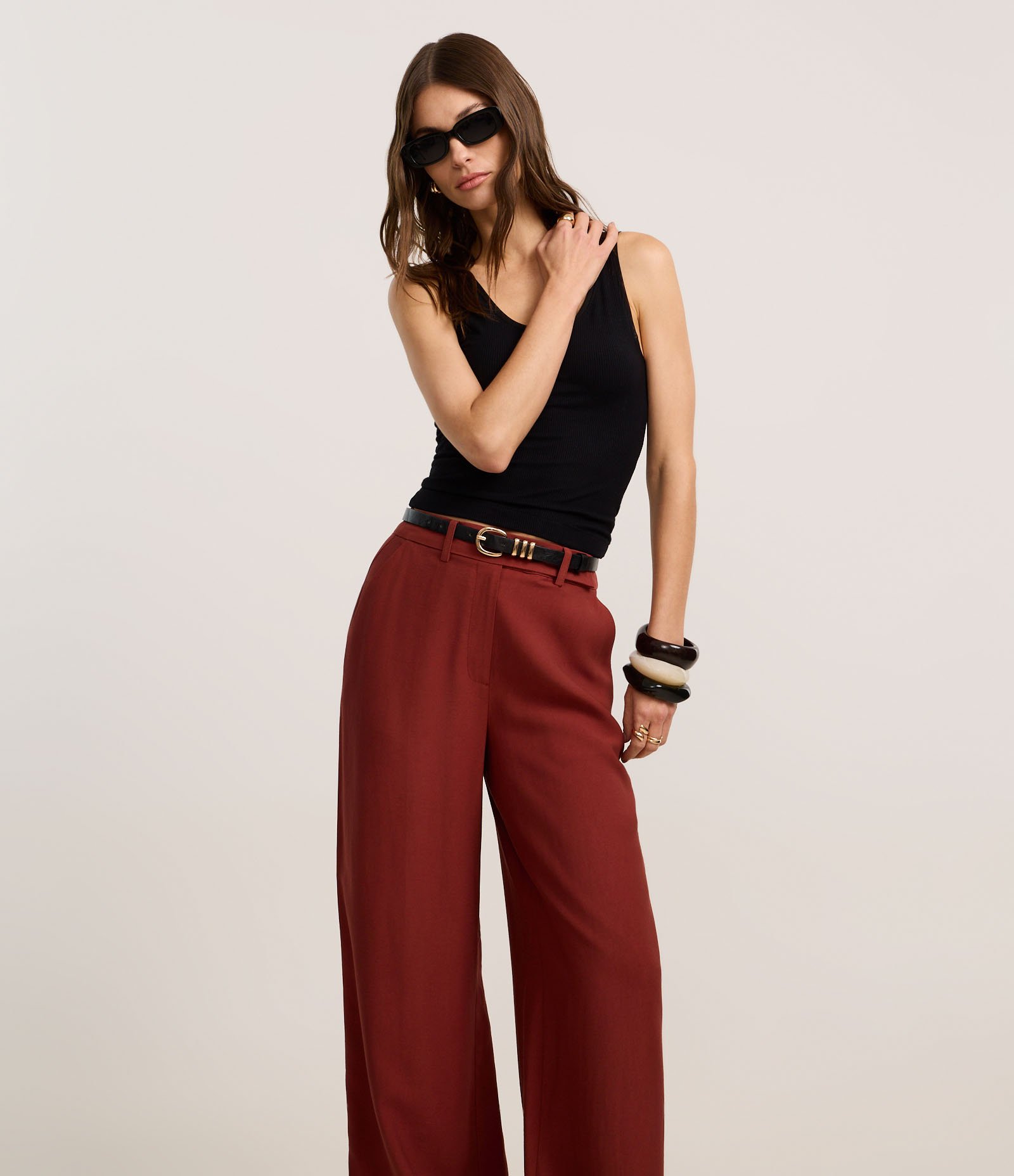 Calça Pantalona Alfaiatada com Cintura Alta Marrom 2