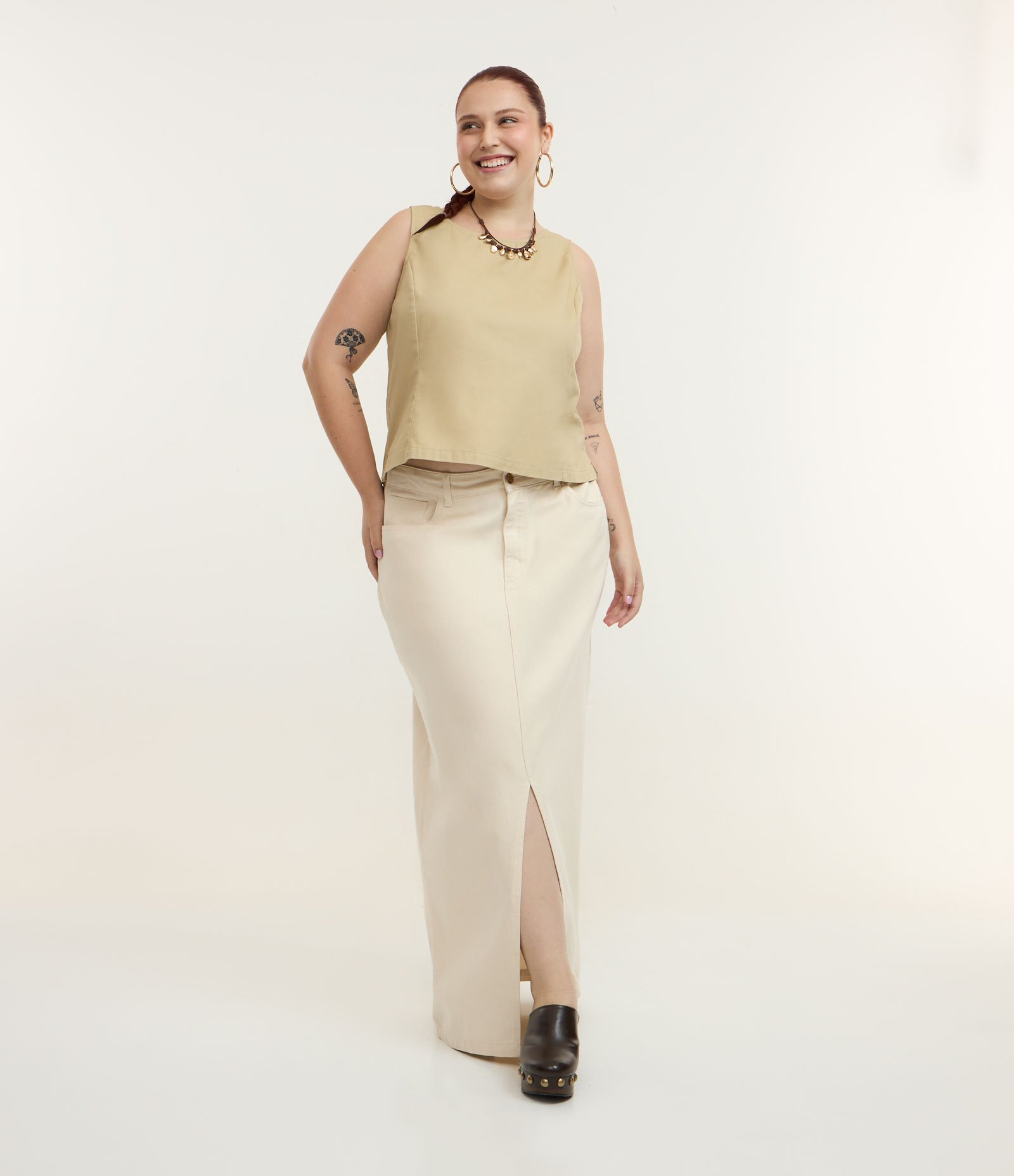 Saia Longa em Sarja com Fenda Curve & Plus Size Off White 1