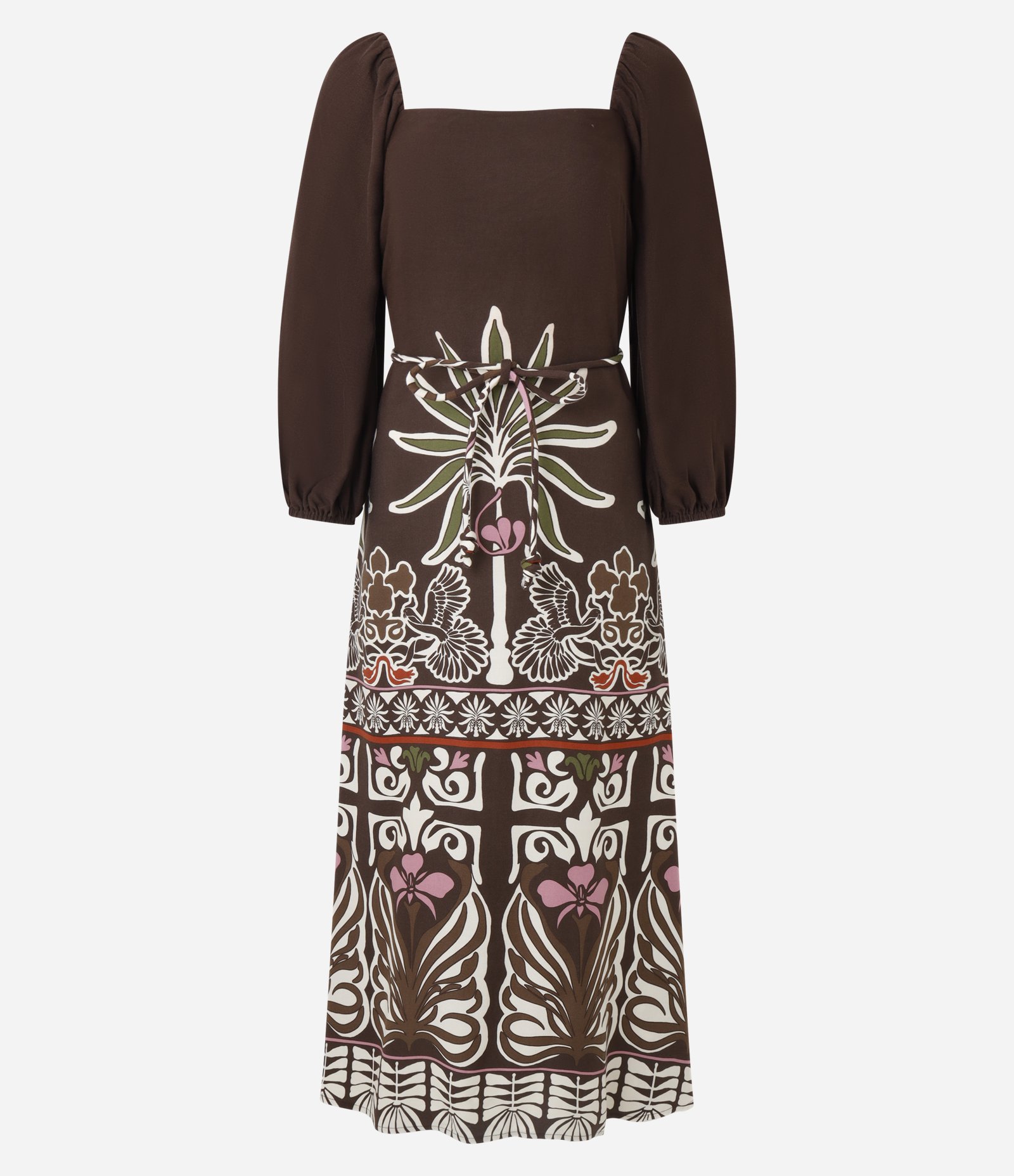 Vestido Midi em Viscose com Estampa de Folhagem Marrom 6