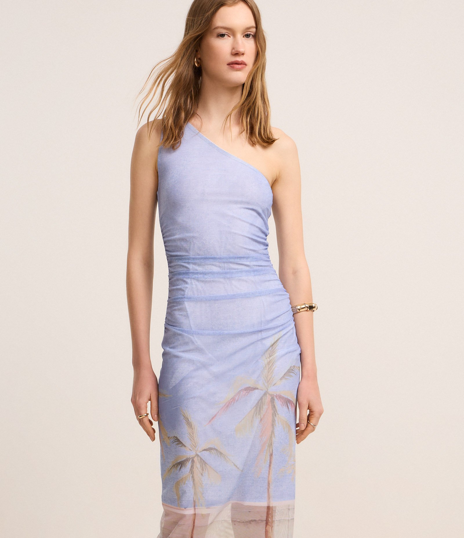 Vestido New Midi em Tule com Ombro Único e Estampa Tropical Azul 3