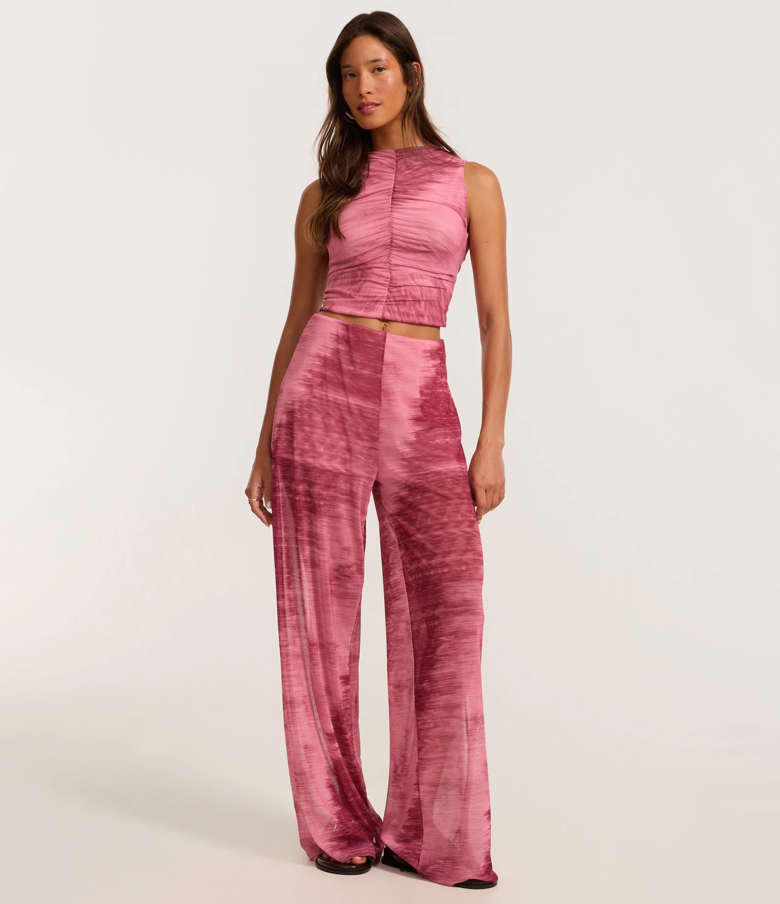 Blusa sem Manga em Tule com Recorte Franzido Rosa 2