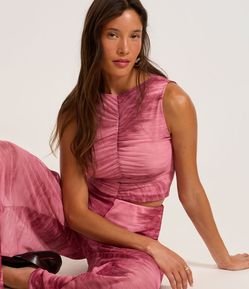 Blusa sem Manga em Tule com Recorte Franzido