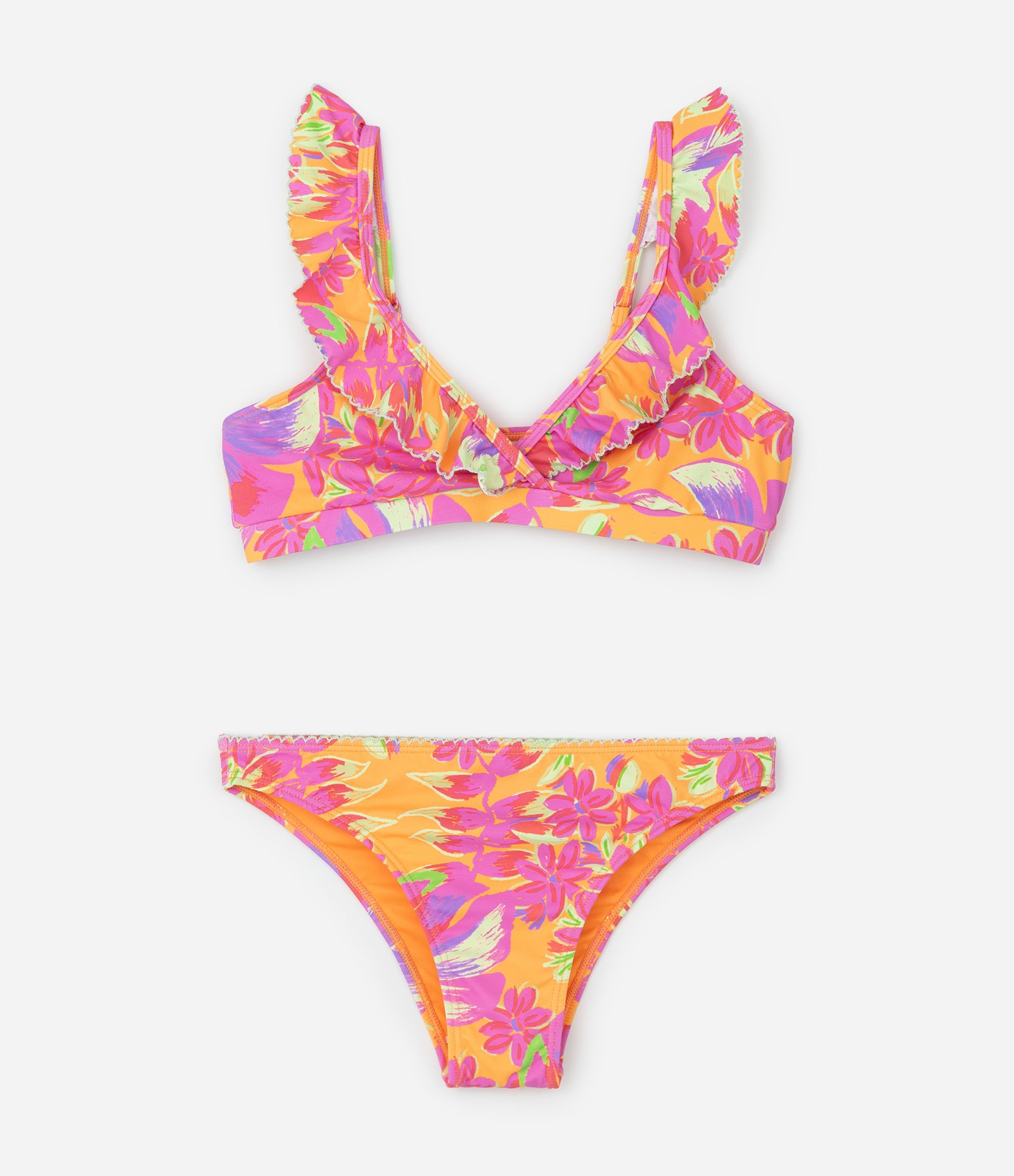Biquíni Infantil Top e Bottom com Babados e Estampa Floral – Tam 9 a 16 Anos Laranja 1
