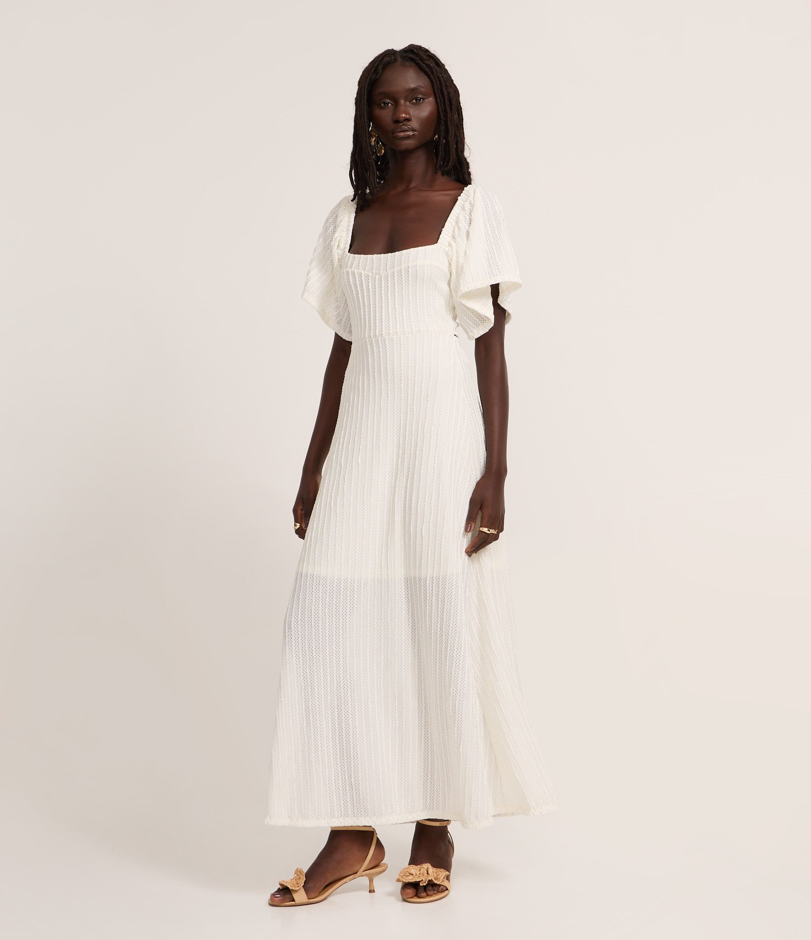 Vestido New Midi em Laise com Decote Quadrado Branco 1