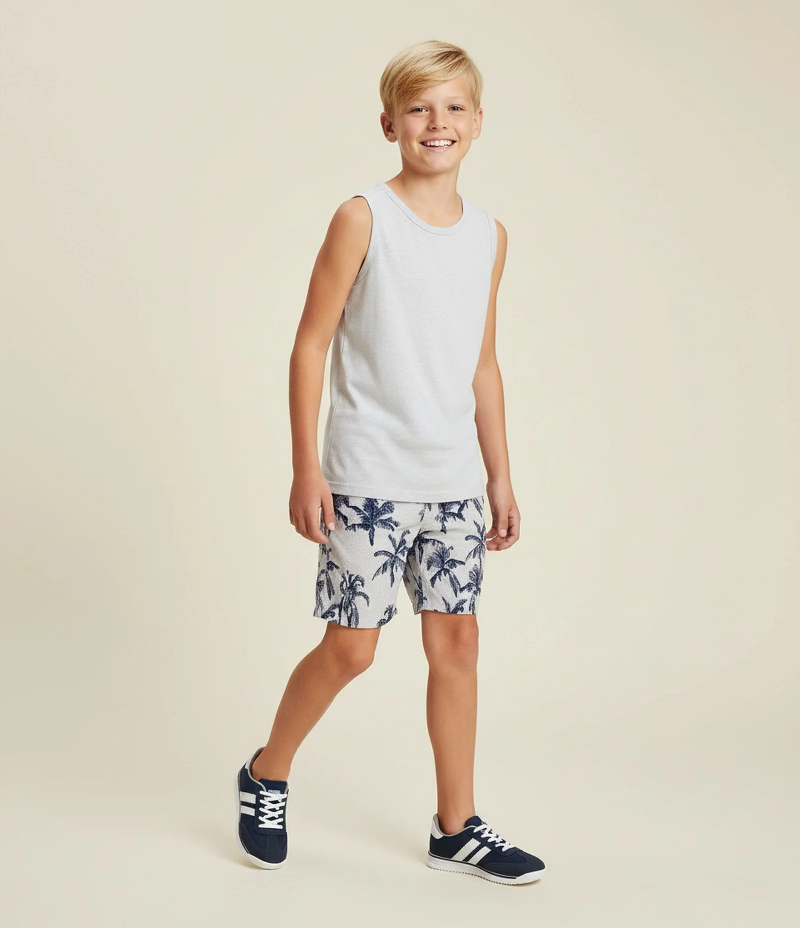 Bermuda Infantil de Banho com Estampa Tripical - Tam 5 a 14 Anos Bege/Azul 1