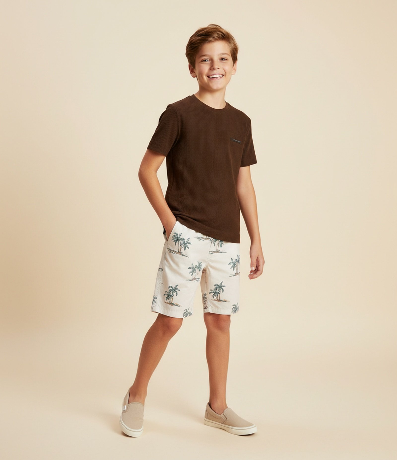 Bermuda Infantil de Banho com Estampa de Palmeiras  Mini Ícones - Tam 5 a 14 Anos Bege 1