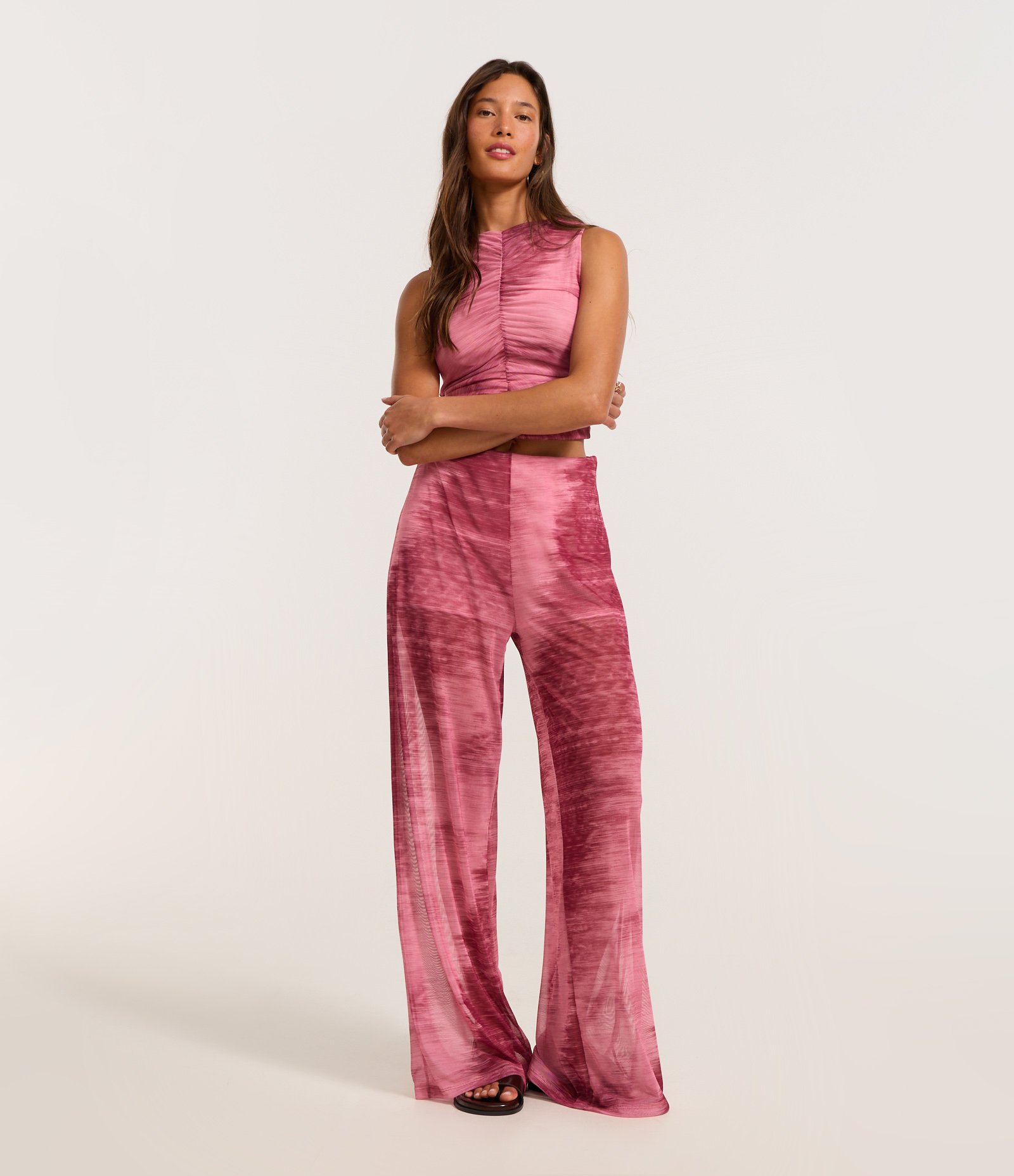 Calça Reta em Tule com Cintura Alta e Estampa Abstrata Rosa 1