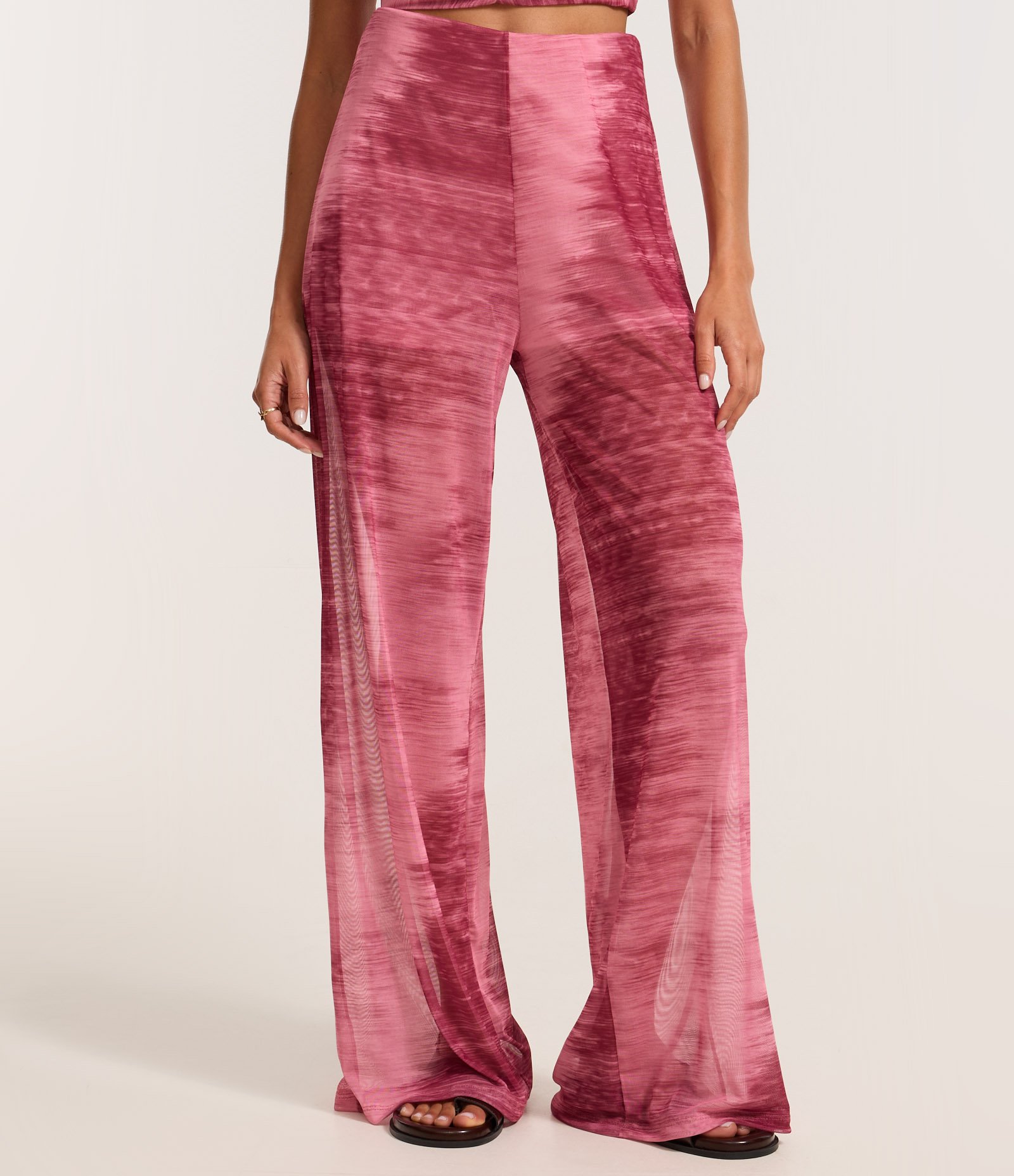 Calça Reta em Tule com Cintura Alta e Estampa Abstrata Rosa 3