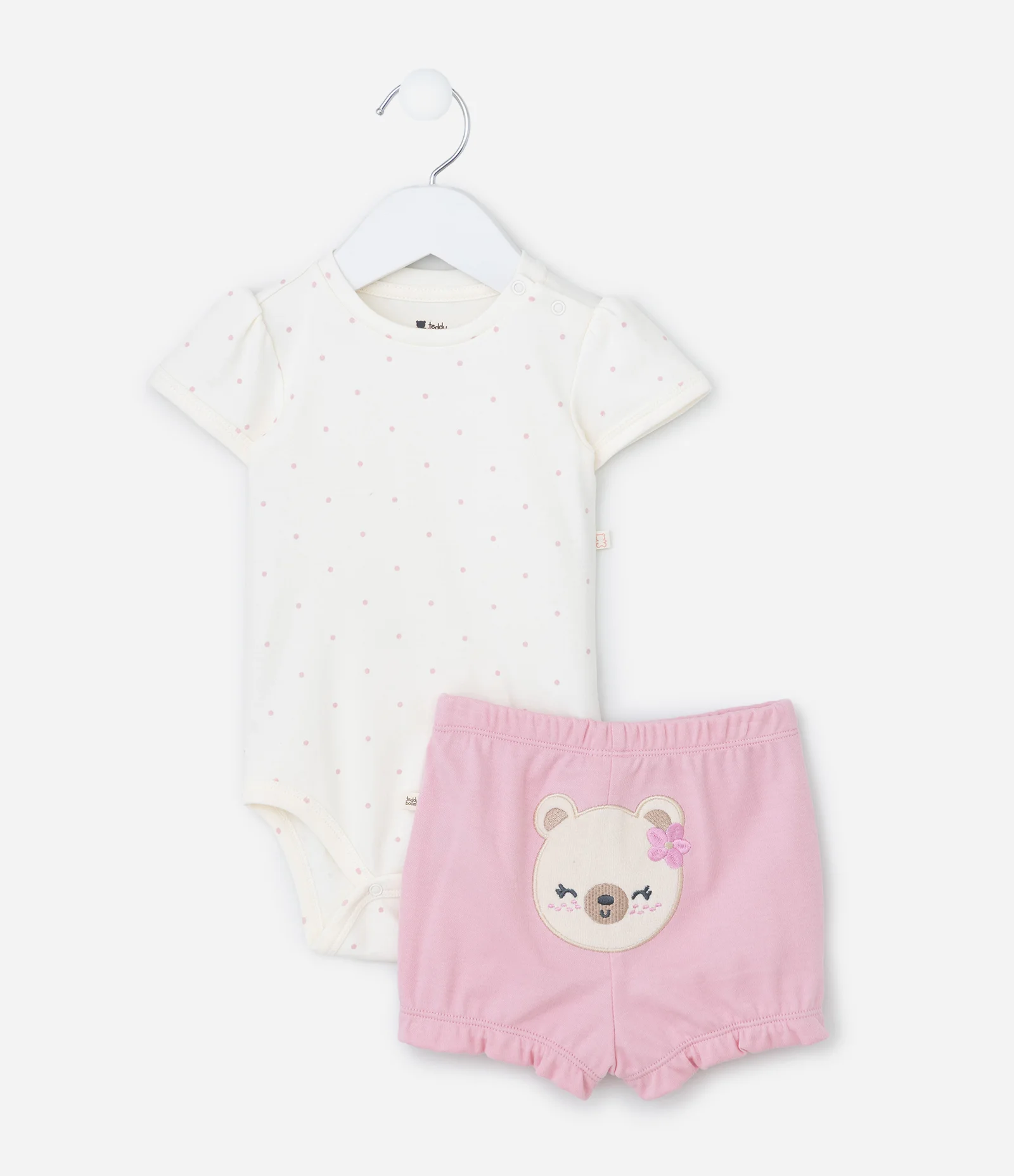 Conjunto Infantil em Suedine com Estampa Poá e Bordado de Ursa - Tam 0 a 18 Meses Branco/Rosa 1