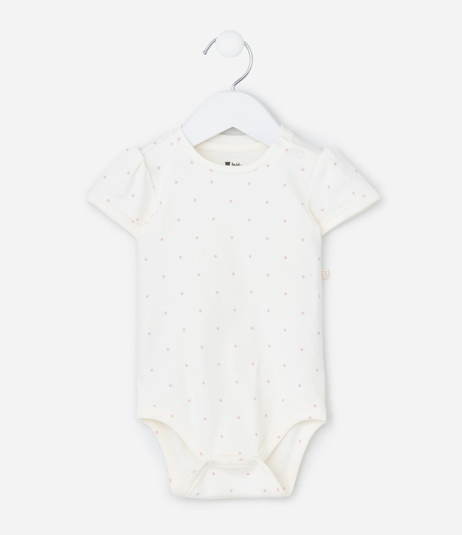 Conjunto Infantil em Suedine com Estampa Poá e Bordado de Ursa - Tam 0 a 18 Meses Branco/Rosa 2