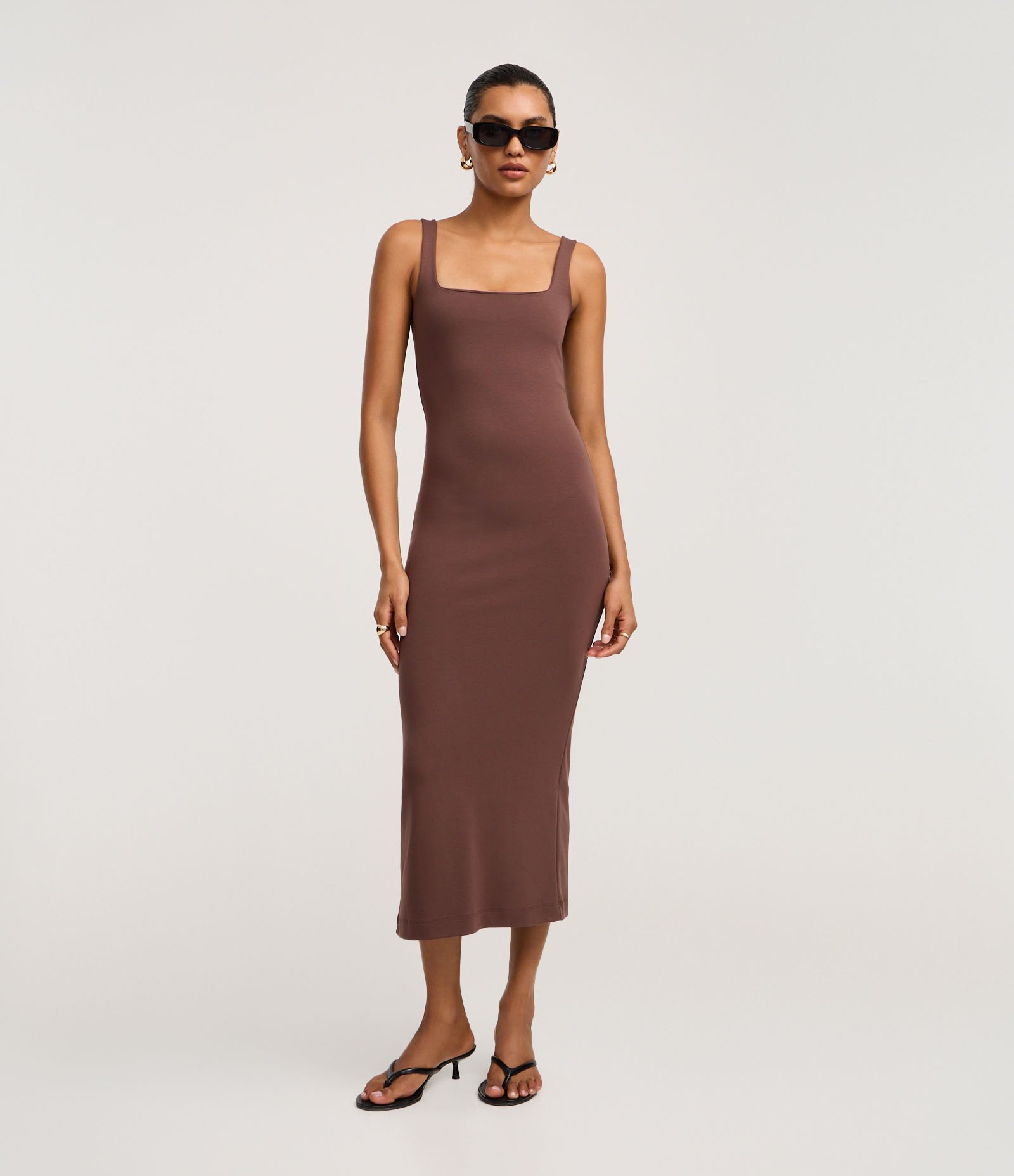 Vestido Midi Regata e Ponto Roma com Decote Quadrado Marrom 2