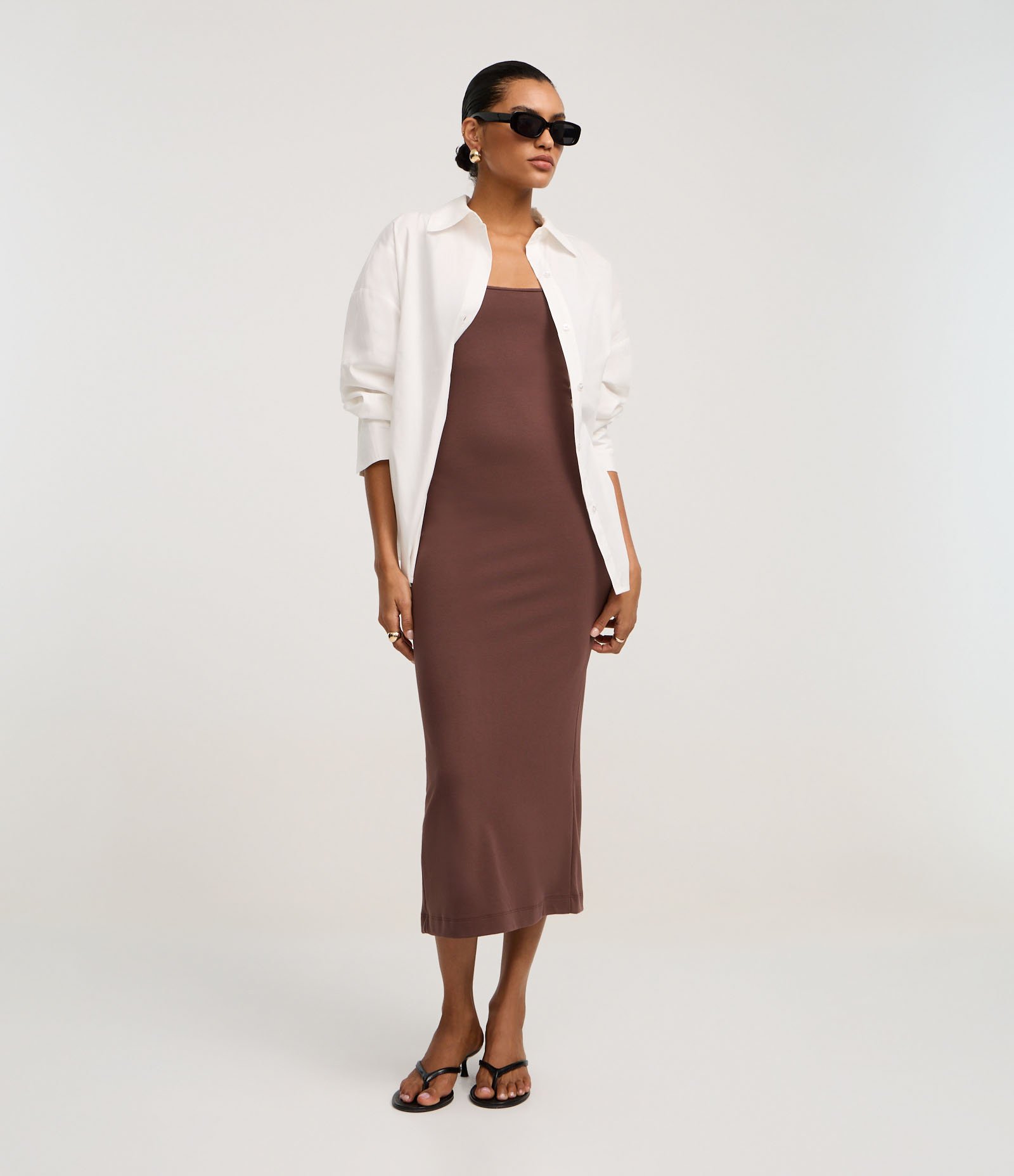 Vestido Midi Regata e Ponto Roma com Decote Quadrado Marrom 4