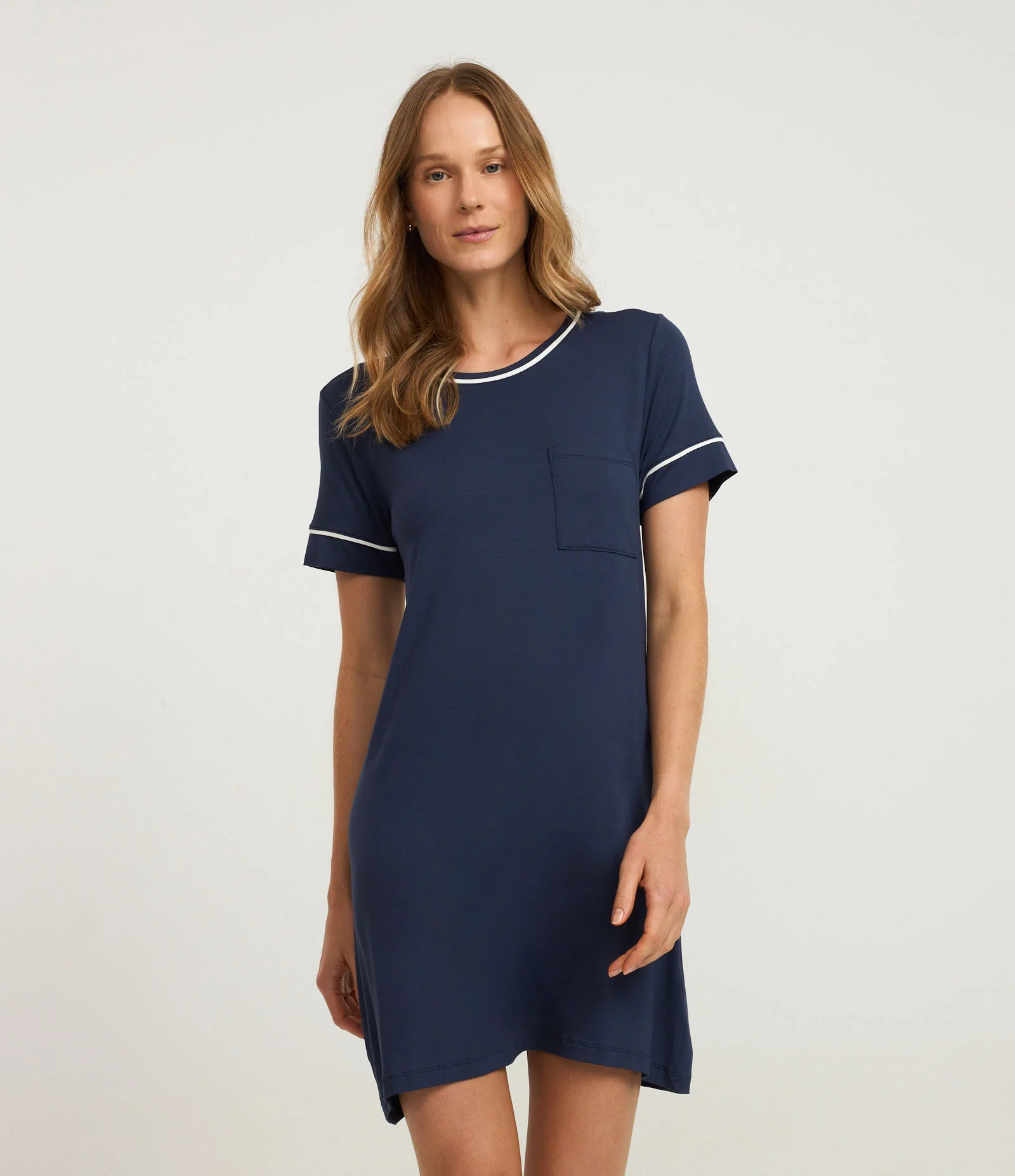 Camisola Curta em Viscolycra com Detalhes Contrastantes Azul Escuro 1